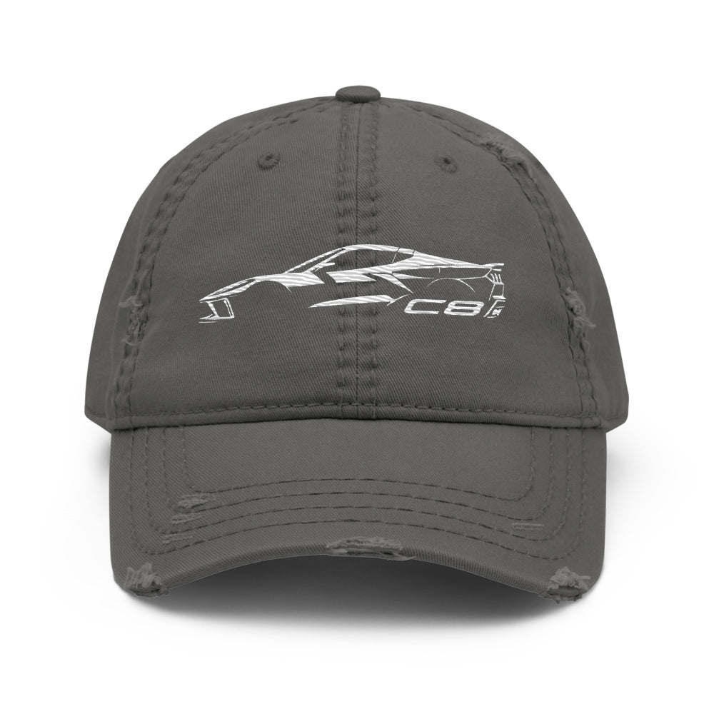 2024 Corvette C8 dad hat for Vette Drivers Arctic White Minimalist Silhouette Custom distressed Cap