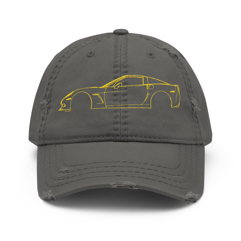 Yellow Vette C6 Sports Car Distressed Dad Hat