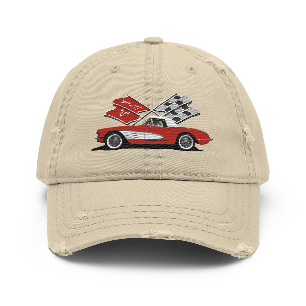 Red Corvette C1 Antique Classic Car owner gift Distressed Dad Hat