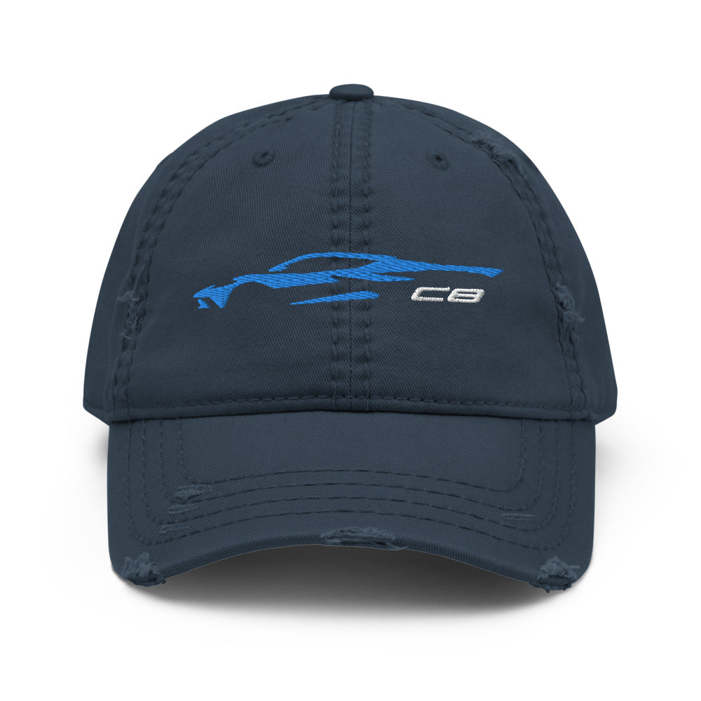 2023 C8 Outline Silhouette Rapid Blue 8th Gen Mid Engine Vette Distressed Dad Hat