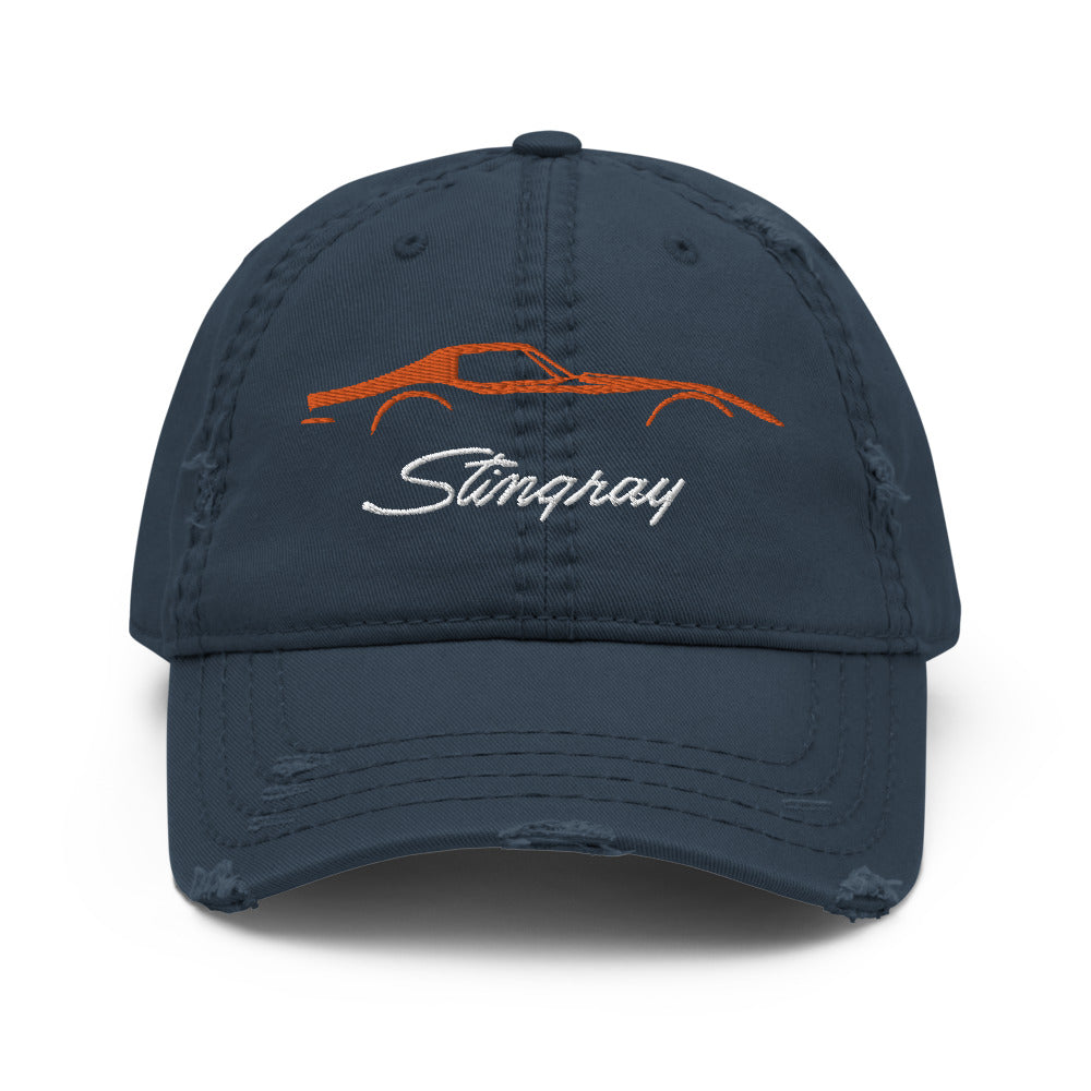 C3 Corvette Stingray Orange Outline Silhouette 3rd Gen Vette Drivers Distressed Dad Hat for Chevy Classic Car Owners