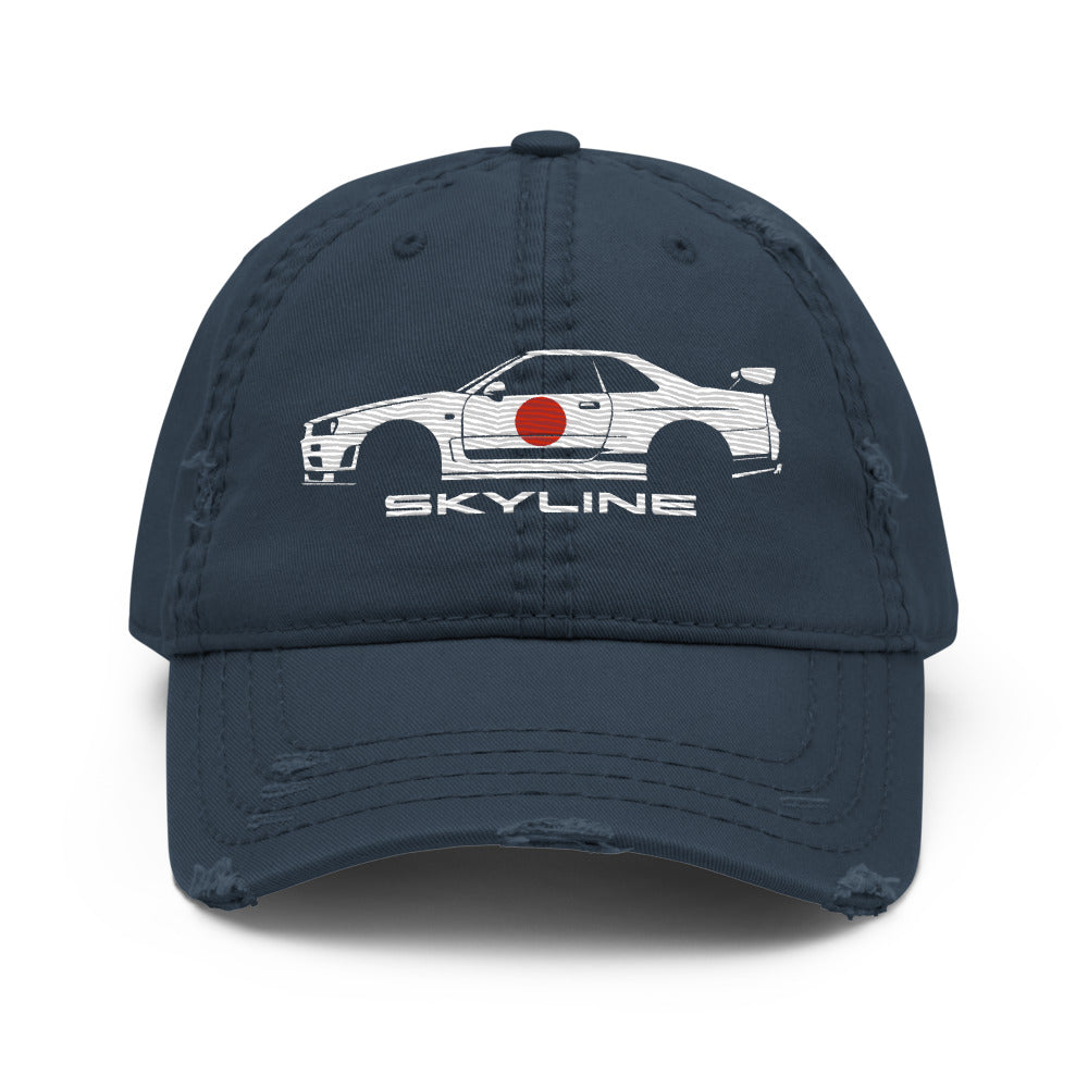 R34 GT-R Skyline Dad hat for JDM Car Enthusiasts Japanese Auto Culture GTR distressed cap