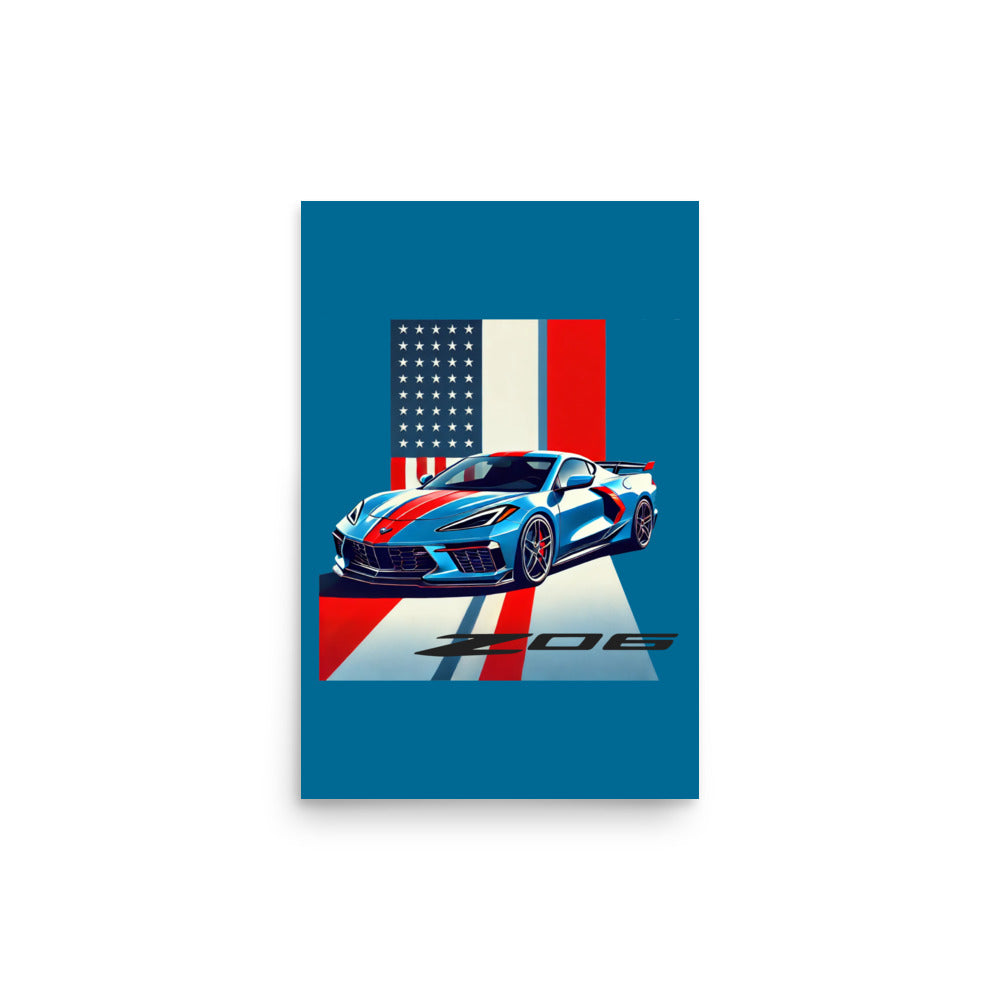 American Supercar C8 Corvette Z06 poster for 8th Gen Vette Drivers Patriotic Automotive Art