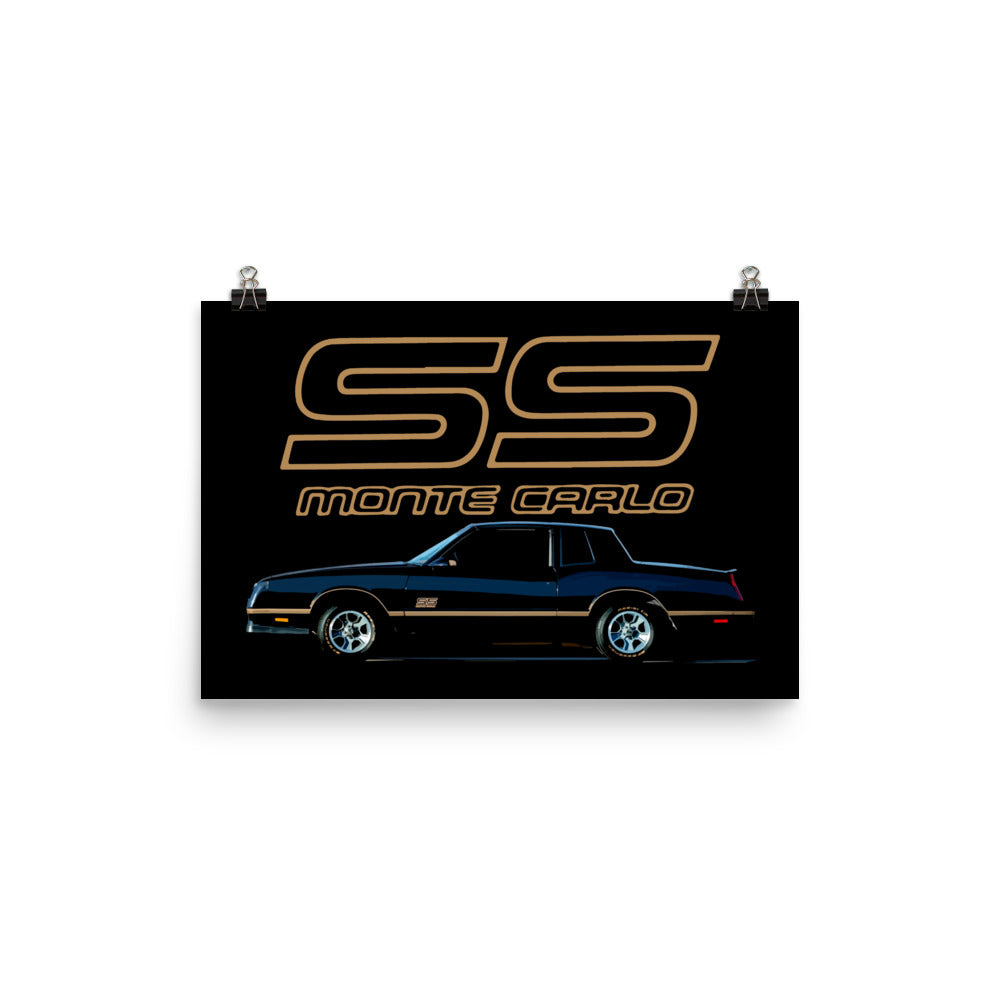 1988 Monte Carlo SS Black and Gold Classic car Emblem Poster for Garage Office Man Cave Automotive Art