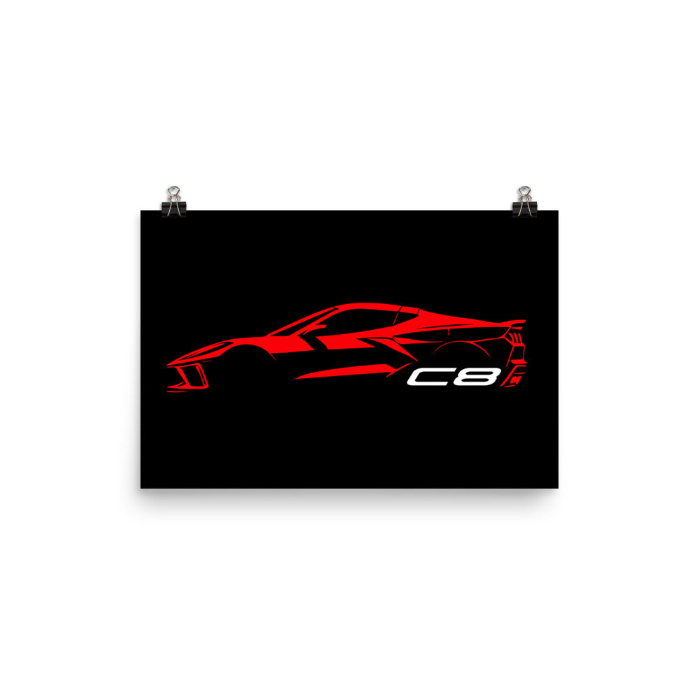 2024 Corvette C8 Vette Drivers Torch Red Minimalist Silhouette Poster for Garage Office Man Cave Automotive Art