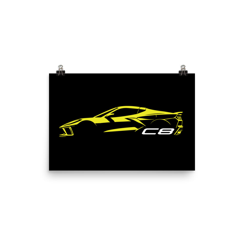 2024 Corvette C8 Vette Drivers Accelerate Yellow Minimalist Silhouette Poster for Garage Office Man Cave Automotive Art