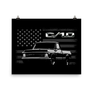 1970 Chevy C10 Pickup Truck American Flag Poster for Garage Office Man Cave Automotive Art