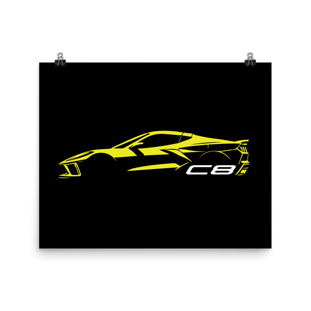 2024 Corvette C8 Vette Drivers Accelerate Yellow Minimalist Silhouette Poster for Garage Office Man Cave Automotive Art