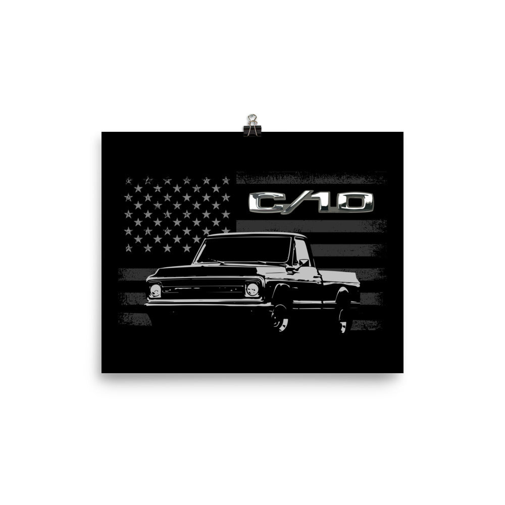 1970 Chevy C10 Pickup Truck American Flag Poster for Garage Office Man Cave Automotive Art