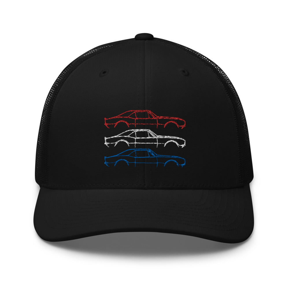 1967 Chevy Camaro SS RS Outline American Muscle Car Owner Patriotic Theme Trucker Cap Snapback Hat