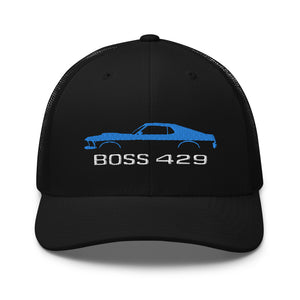 1969 Boss 429 Stang Blue Muscle Car Owners Drivers Custom Embroidered Trucker Cap Snapback Hat