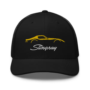 C3 Corvette Sports Car Stingray Yellow Outline Silhouette 3rd Gen Vette Drivers Embroidered Hat for Classic Chevy Owners