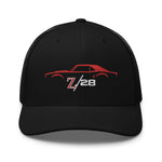 First Gen 1967 1968 1969 Chevy Camaro Z28 Red Outline Silhouette Embroidered hat for Classic Car Owners Trucker Cap Snapback