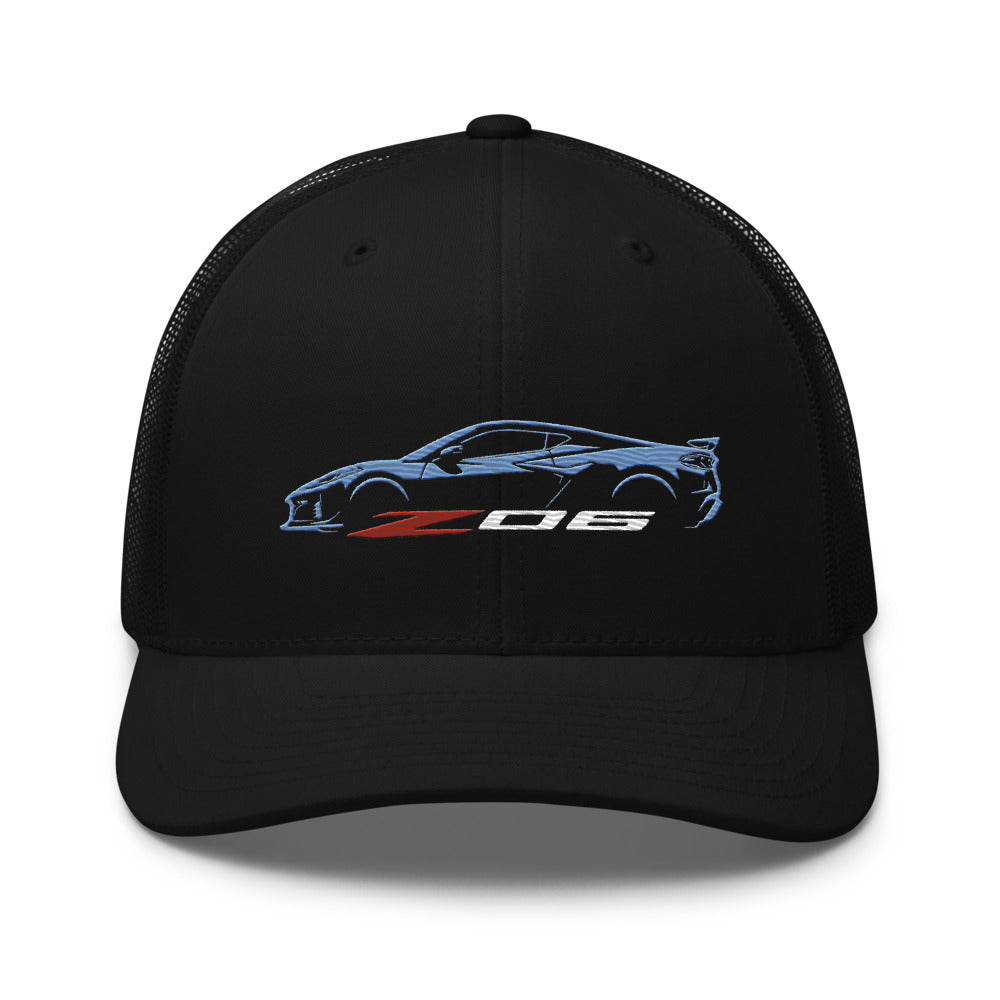 2024 2025 Corvette C8 Z06 Rapid Blue Silhouette 8th Generation Vette Drivers Custom Trucker Cap Snapback Hat