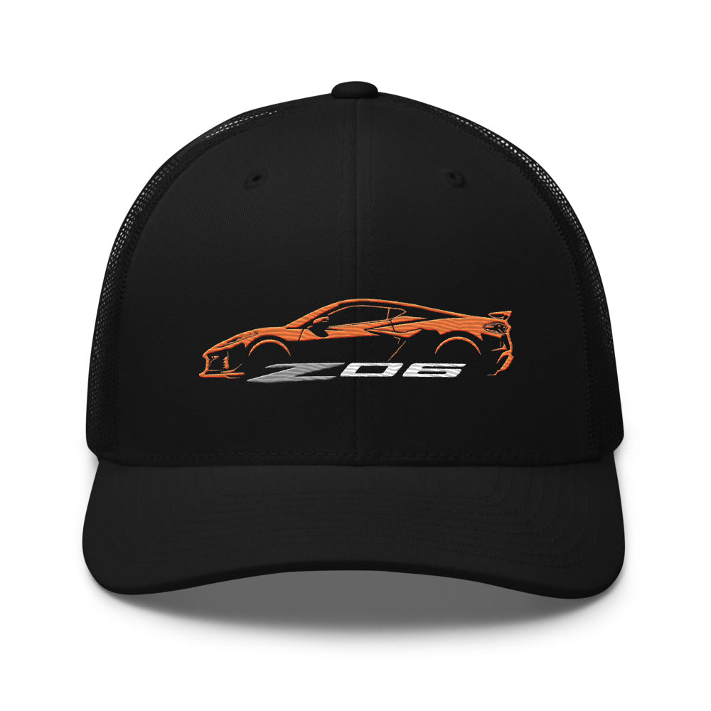 2024 2025 Corvette C8 Z06 Amplify Orange Silhouette 8th Generation Vette Drivers Custom Trucker Cap Snapback Hat