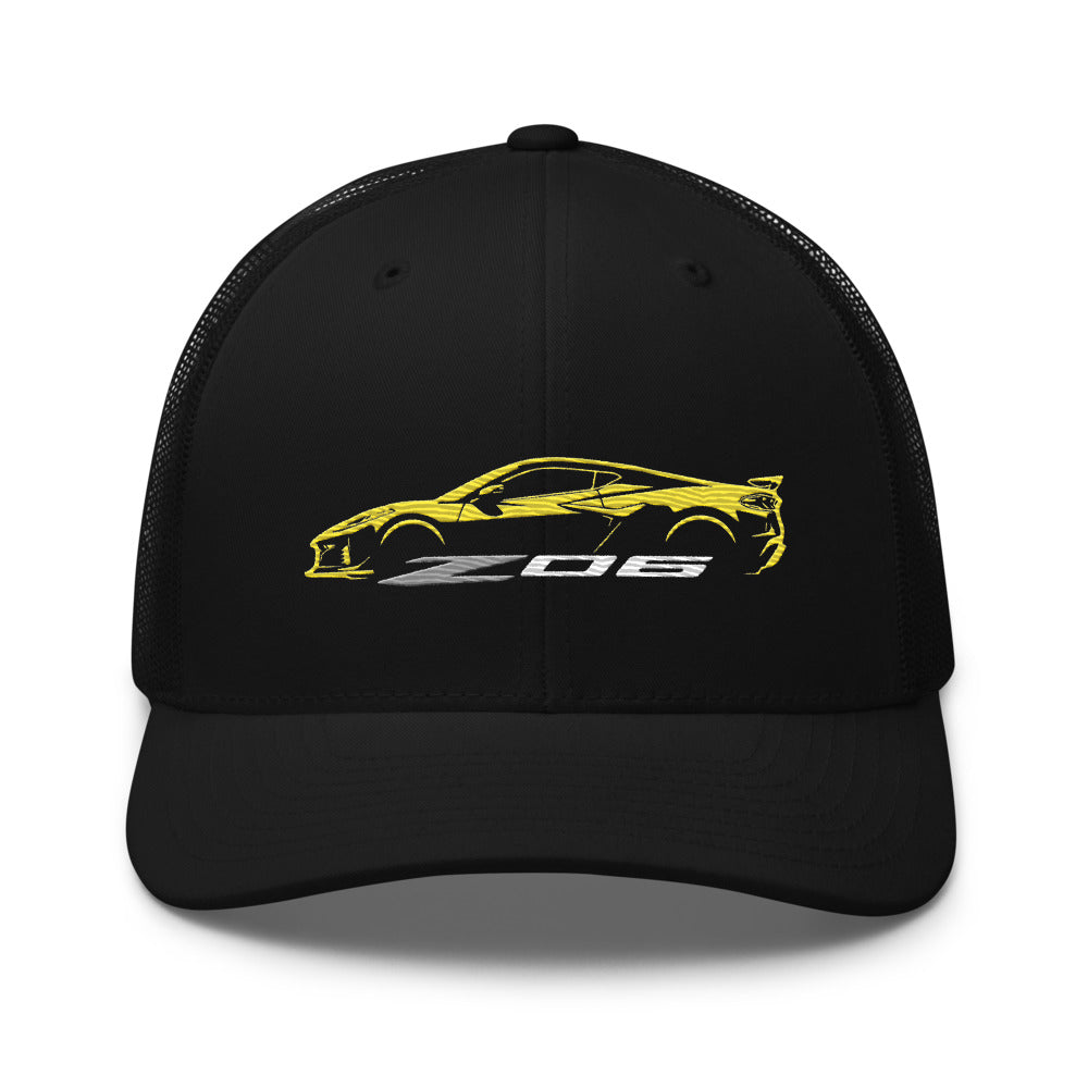 2024 2025 Corvette C8 Z06 Accelerate Yellow Silhouette 8th Generation Vette Drivers Custom Trucker Cap Snap Back Hat