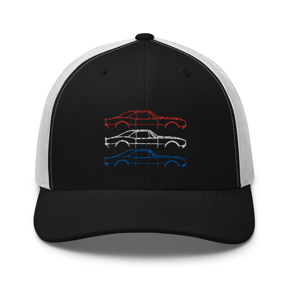 1967 Chevy Camaro SS RS Outline American Muscle Car Owner Patriotic Theme Trucker Cap Snapback Hat