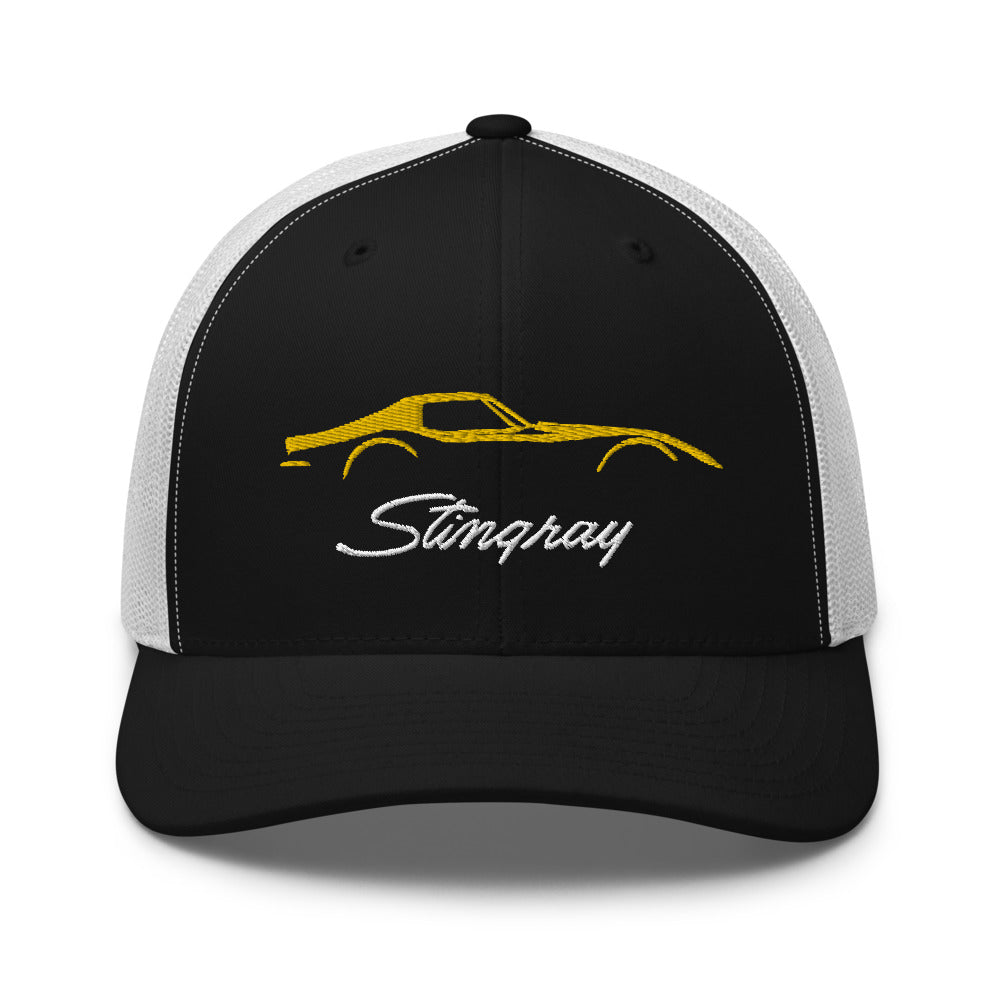 C3 Corvette Sports Car Stingray Yellow Outline Silhouette 3rd Gen Vette Drivers Embroidered Hat for Classic Chevy Owners