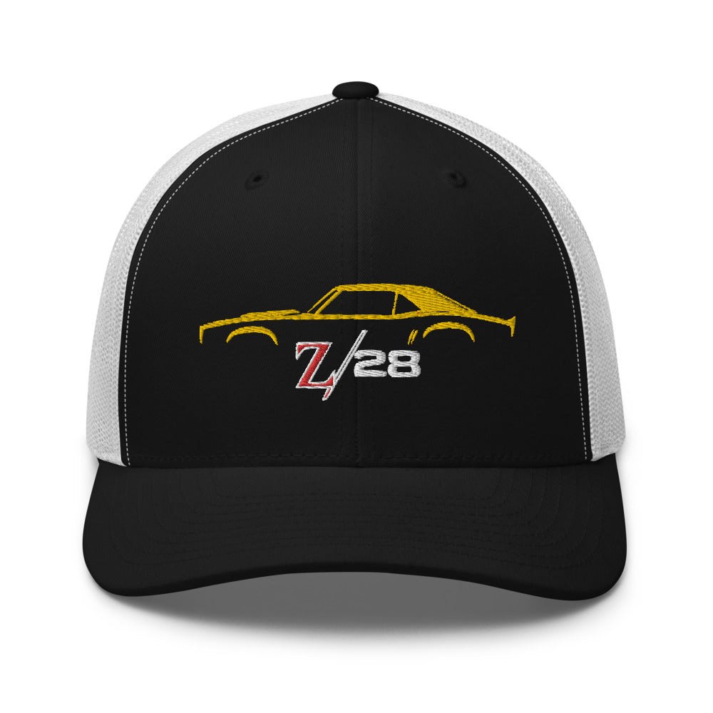 First Gen 1967 1968 1969 Chevy Camaro Z28 Yellow Outline Silhouette embroidered snapback hat for Classic Car Owners Trucker Cap