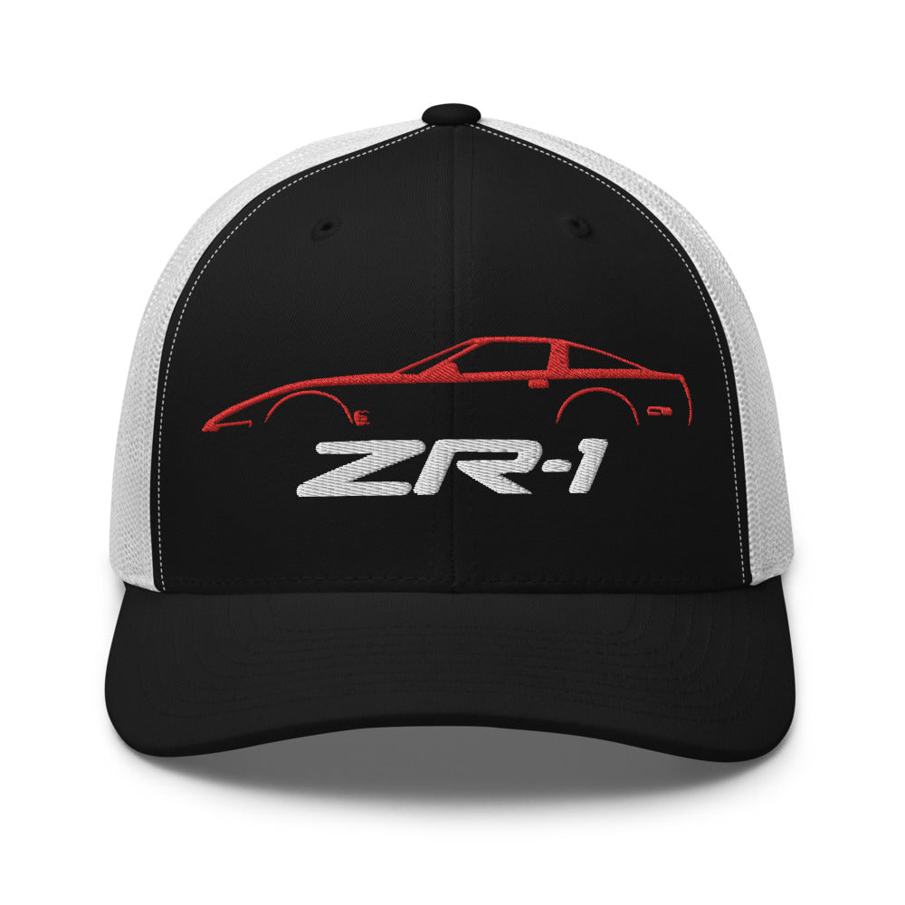 Red C4 Corvette ZR1 trucker hat silhouette design for Fourth Gen Vette Owners Drivers ZR-1 Cap