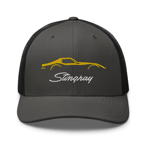 C3 Corvette Sports Car Stingray Yellow Outline Silhouette 3rd Gen Vette Drivers Embroidered Hat for Classic Chevy Owners