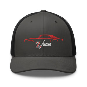 First Gen 1967 1968 1969 Chevy Camaro Z28 Red Outline Silhouette Embroidered hat for Classic Car Owners Trucker Cap Snapback