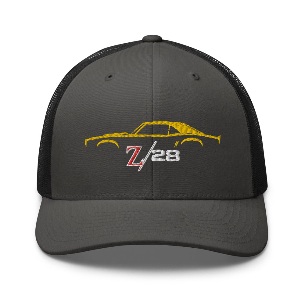 First Gen 1967 1968 1969 Chevy Camaro Z28 Yellow Outline Silhouette embroidered snapback hat for Classic Car Owners Trucker Cap