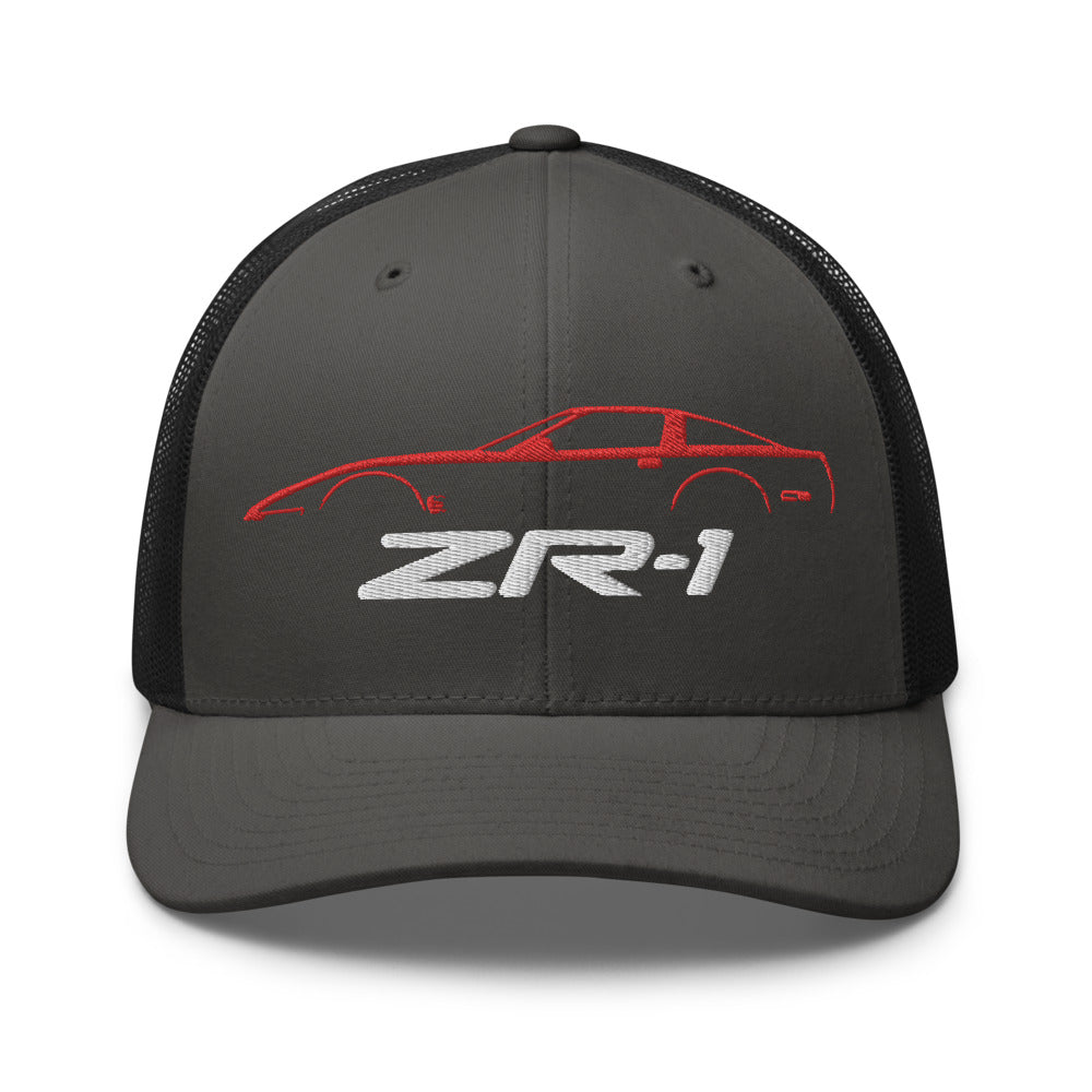 Red C4 Corvette ZR1 trucker hat silhouette design for Fourth Gen Vette Owners Drivers ZR-1 Cap