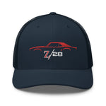 First Gen 1967 1968 1969 Chevy Camaro Z28 Red Outline Silhouette Embroidered hat for Classic Car Owners Trucker Cap Snapback