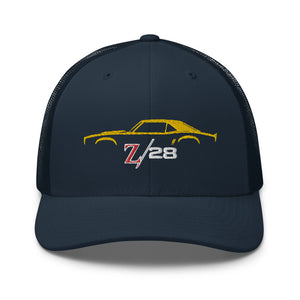 First Gen 1967 1968 1969 Chevy Camaro Z28 Yellow Outline Silhouette embroidered snapback hat for Classic Car Owners Trucker Cap