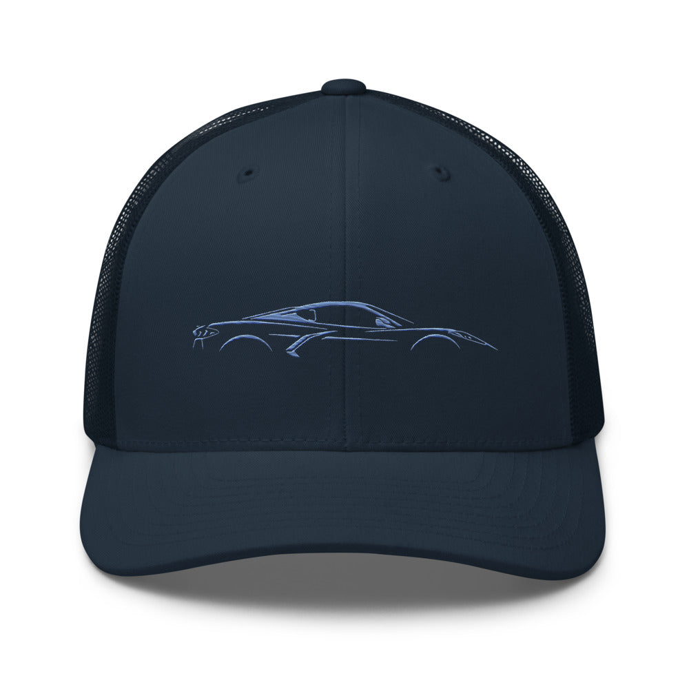 2024 2025 Rapid Blue Corvette C8 Trucker Cap Line Art for 8th Gen Vette Owners Drivers Embroidered Adjustable Snapback Hat