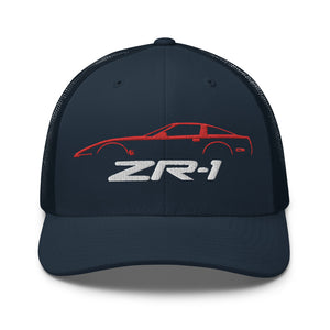 Red C4 Corvette ZR1 trucker hat silhouette design for Fourth Gen Vette Owners Drivers ZR-1 Cap