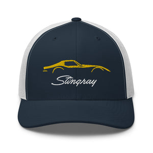 C3 Corvette Sports Car Stingray Yellow Outline Silhouette 3rd Gen Vette Drivers Embroidered Hat for Classic Chevy Owners