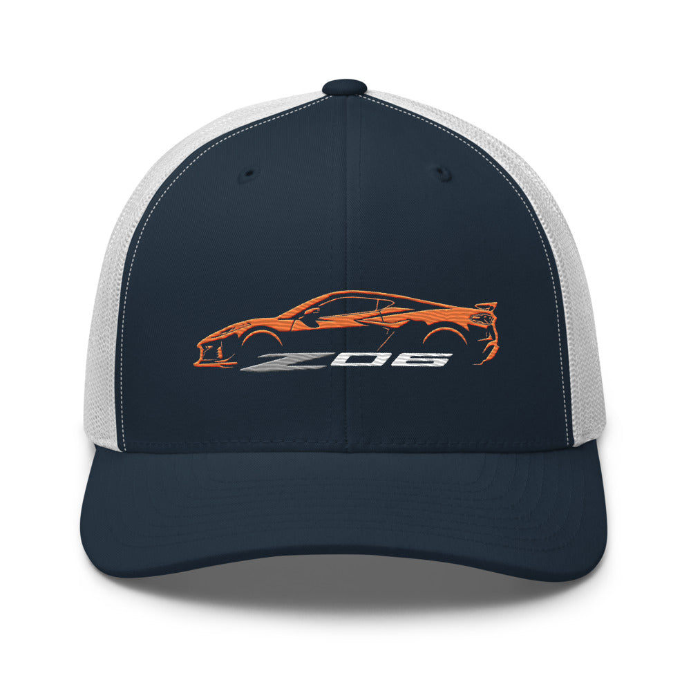 2024 2025 Corvette C8 Z06 Amplify Orange Silhouette 8th Generation Vette Drivers Custom Trucker Cap Snapback Hat