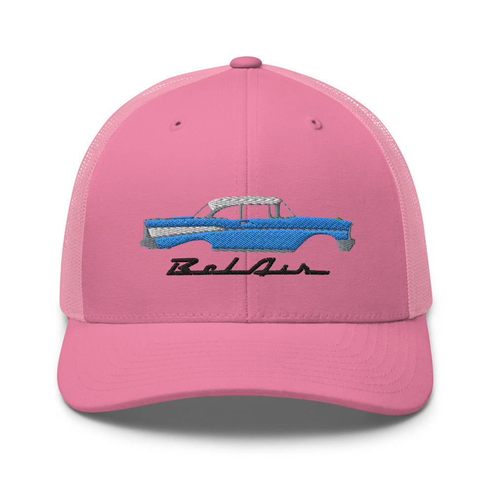 1957 Bel Air Antique 57 Chevy Classic Car Turquoise and White Top Embroidered Trucker Cap Snapback Hat