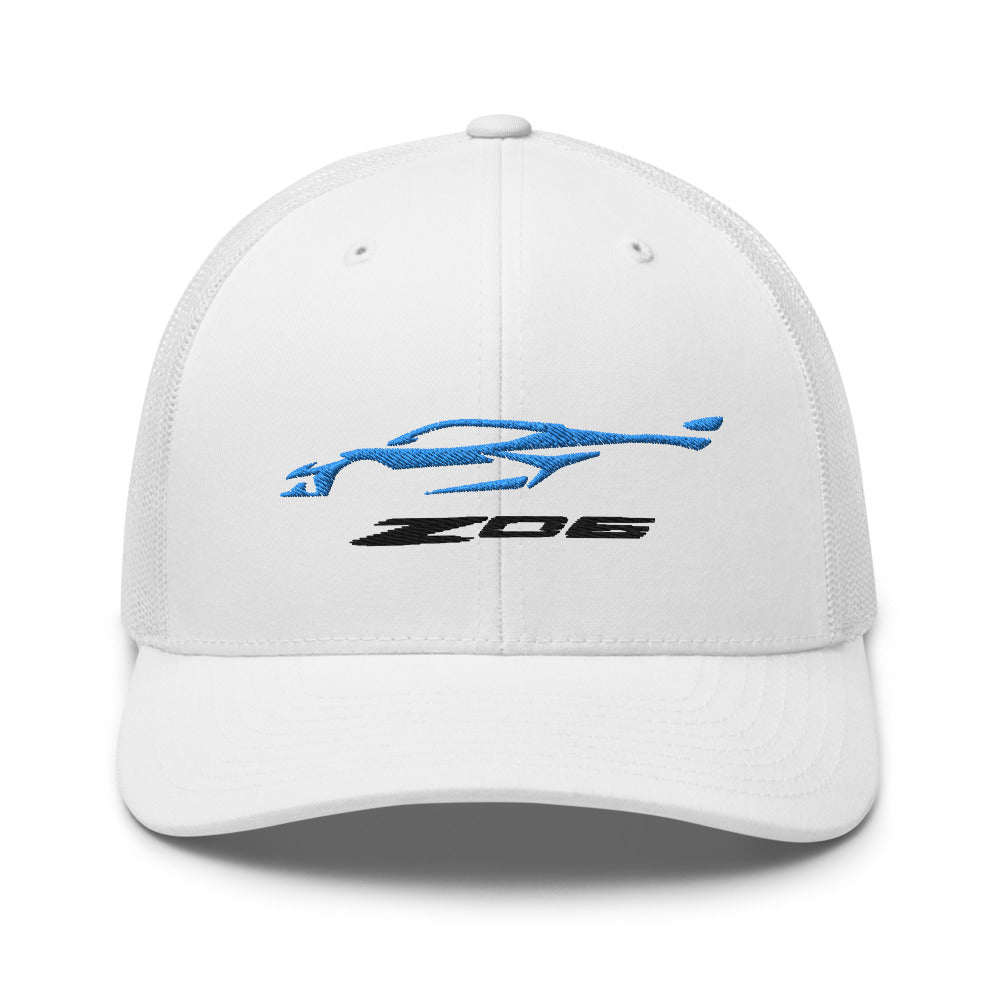 2023 Corvette Z06 C8 Vette Rapid Blue Silhouette Emroidered Trucker Cap Snapback Hat