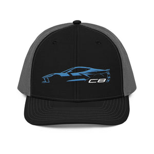 2024 Corvette C8 hat for Vette Drivers Rapid Blue Minimalist Silhouette mesh back trucker Cap