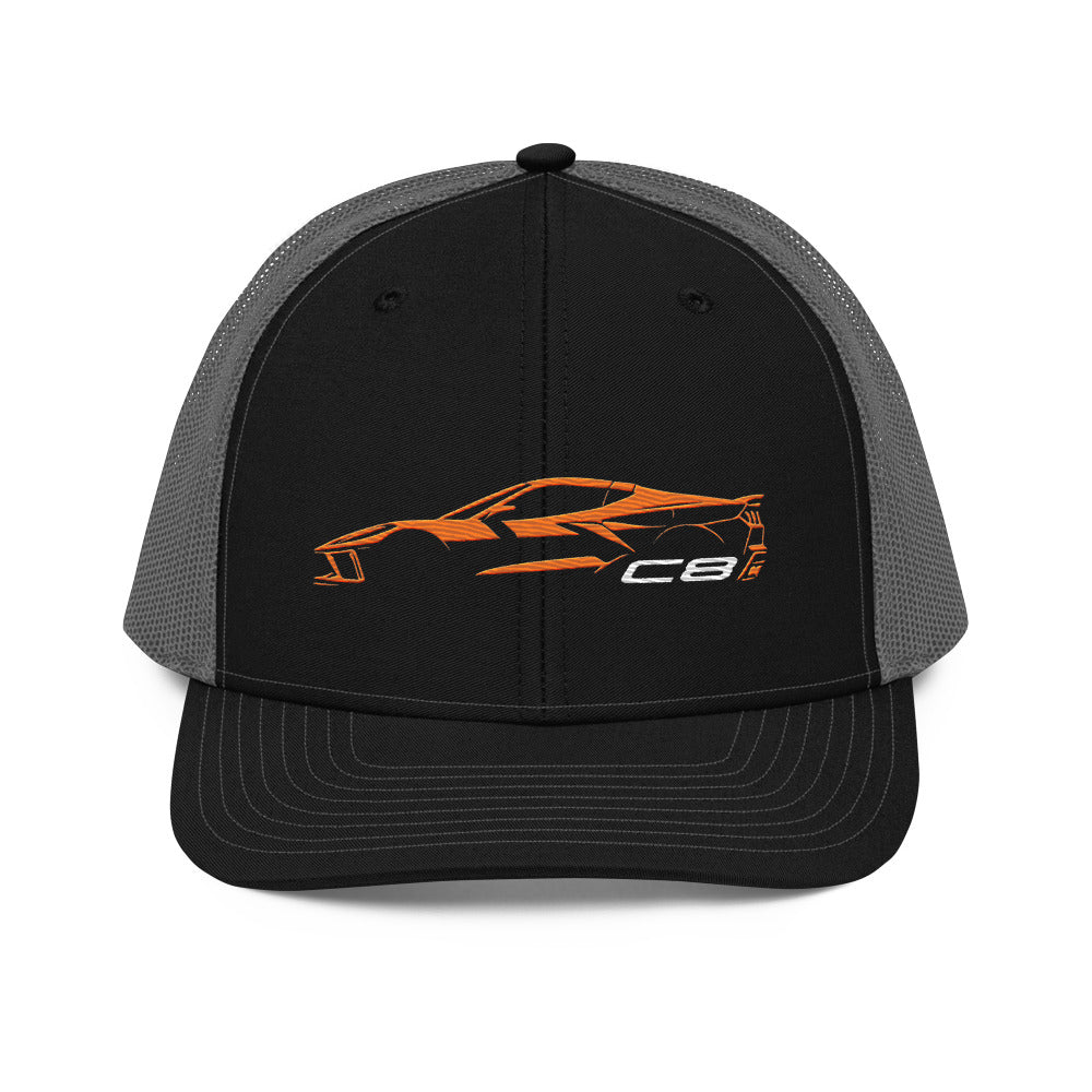 2024 Corvette C8 hat Vette Drivers Amplify Orange Minimalist Silhouette 5 panel trucker Cap