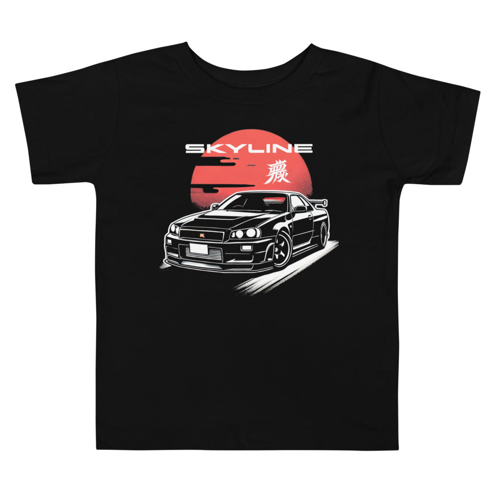 Japanese Sun Black R34 Skyline GTR 1990s JDM Tuner Car Culture Kanji GT-R Toddler Tee