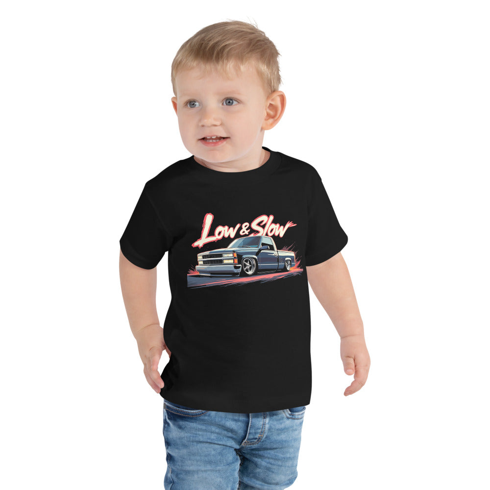 Low and Slow 1990s Chevy 1500 Silverado Lowrider Pickup Truck Toddler Short Sleeve Tee