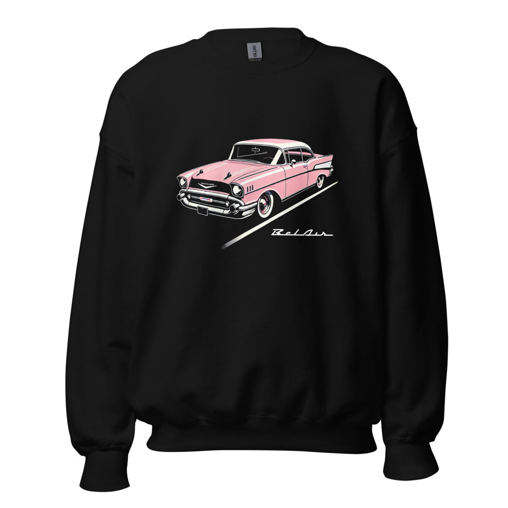 Pink 1957 Bel Air Graphic Sweatshirt for Chevy Classic Car Owners Crewneck