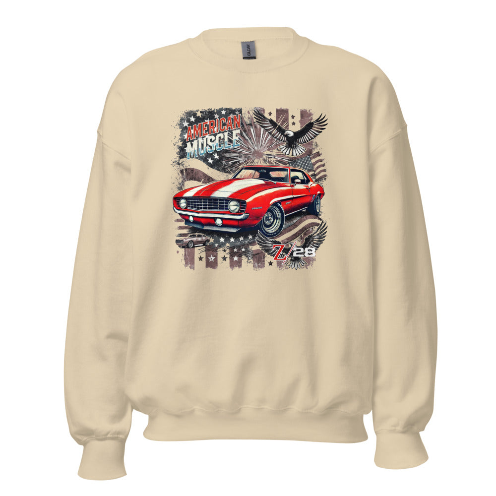 1969 Camaro Z28 Graphic Sweatshirt Patriotic Bald Eagles Stars and Stripes Retro Automotive