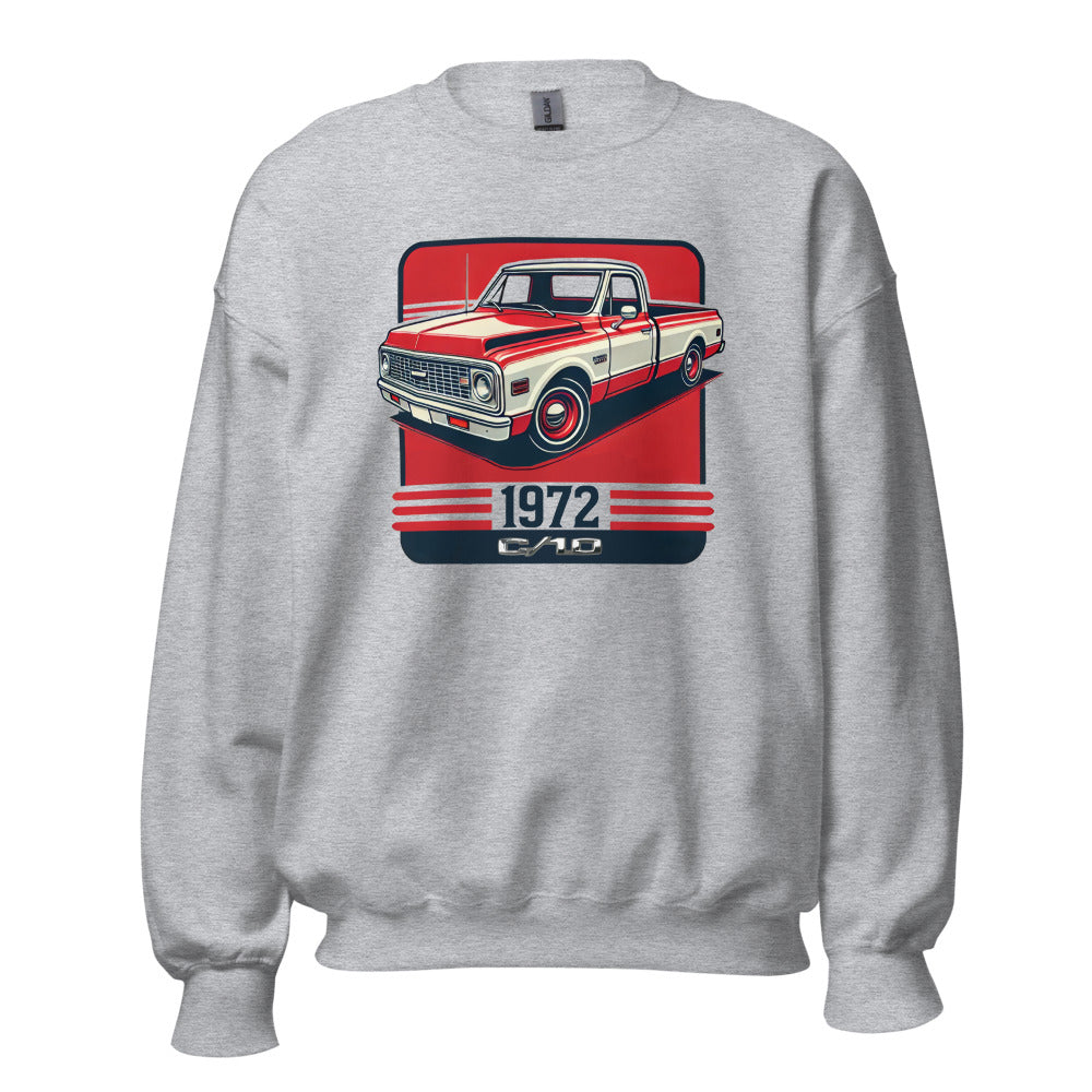 Red and White 1972 Chevy C10 sweatshirt for American Pickup Truck Owners Retro Automotive