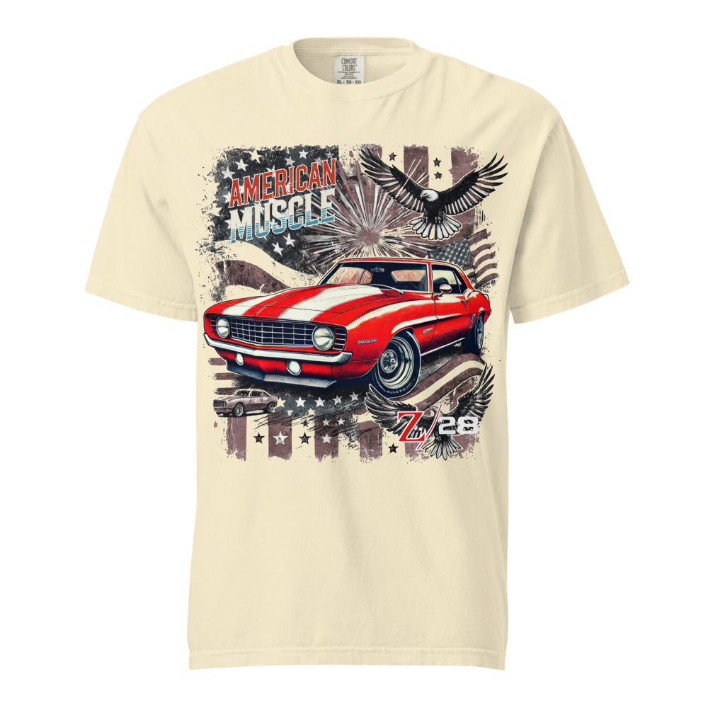 1969 Camaro Z28 Graphic Tee Patriotic Bald Eagles Stars n Stripes Retro Automotive heavyweight t-shirt