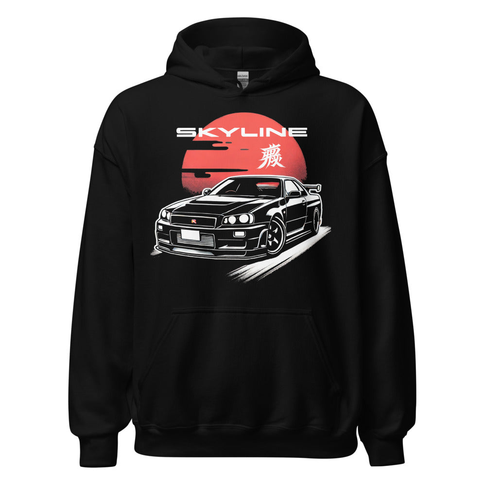 Japanese Sun Black R34 Skyline GTR hoodie for 1990s JDM Tuner Car Culture Enthusiasts