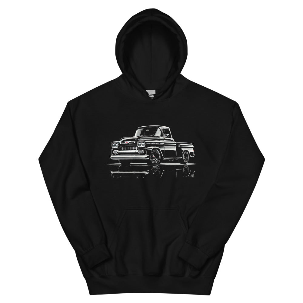 Black 1959 Chevy Apache hoodie for Vintage Truck Enthusiasts Bowtie Fans Pullover