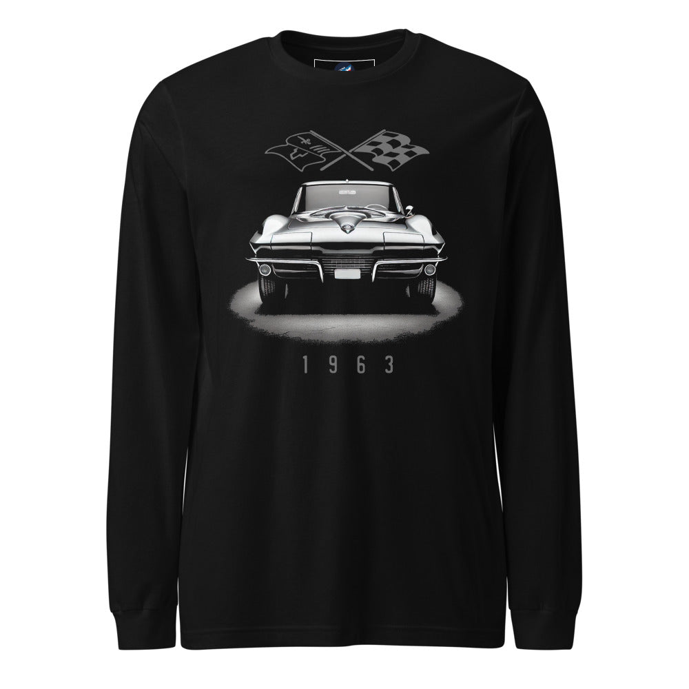 1963 Corvette C2 Vette Owners Monochrome Front View Classic Car Long Sleeve Tee