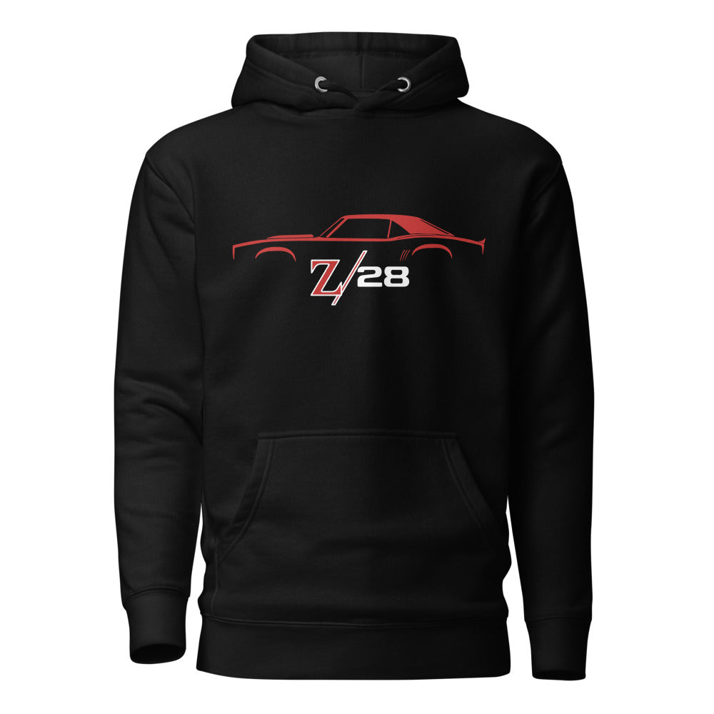 First Gen 1967 1968 1969 Chevy Camaro Z28 Red Outline Silhouette Classic Car Owners Hoodie Pullover Sweatshirt