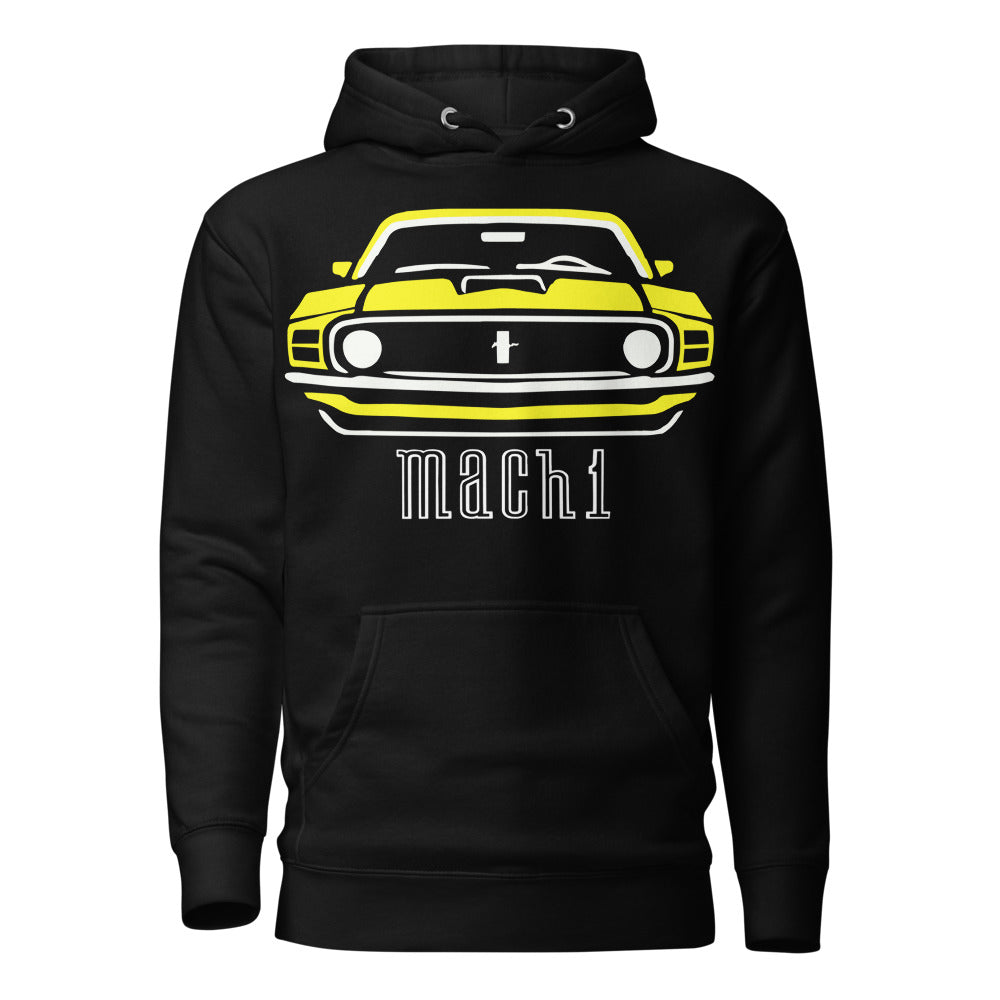 1970 Yellow Mach 1 hoodie for Stang Owners Classic Muscle Car Enthusiasts pullover