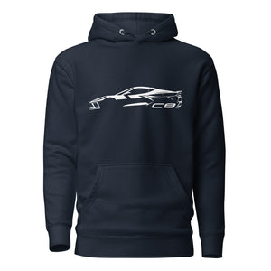 2024 Corvette C8 hoodie for Vette Drivers Arctic White Minimalist Silhouette Custom Pullover